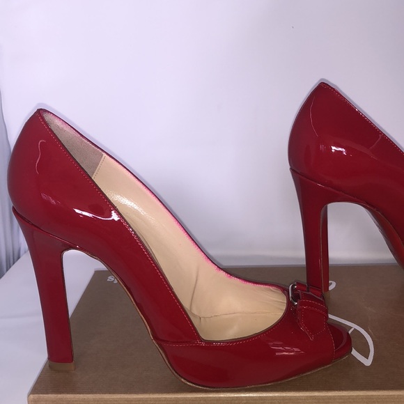 NEW Louboutin buckle Peep Toe sexy Red Patent Leather Pumps heels 💯 Authentic - Picture 2 of 11